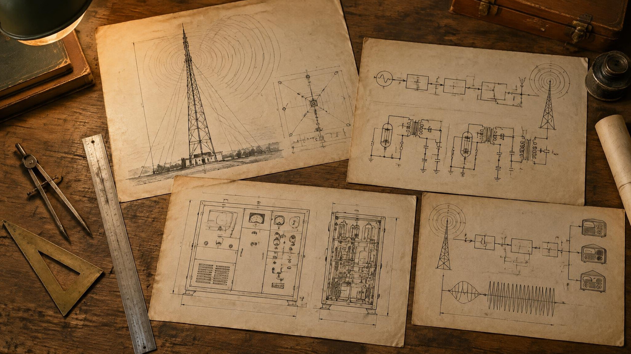 Technical engineering diagrams and broadcast schematics on a drafting table