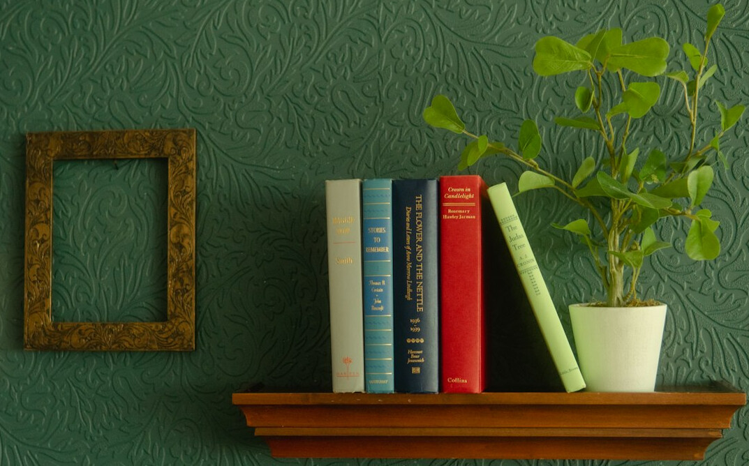 Book with a green cover on a shelf