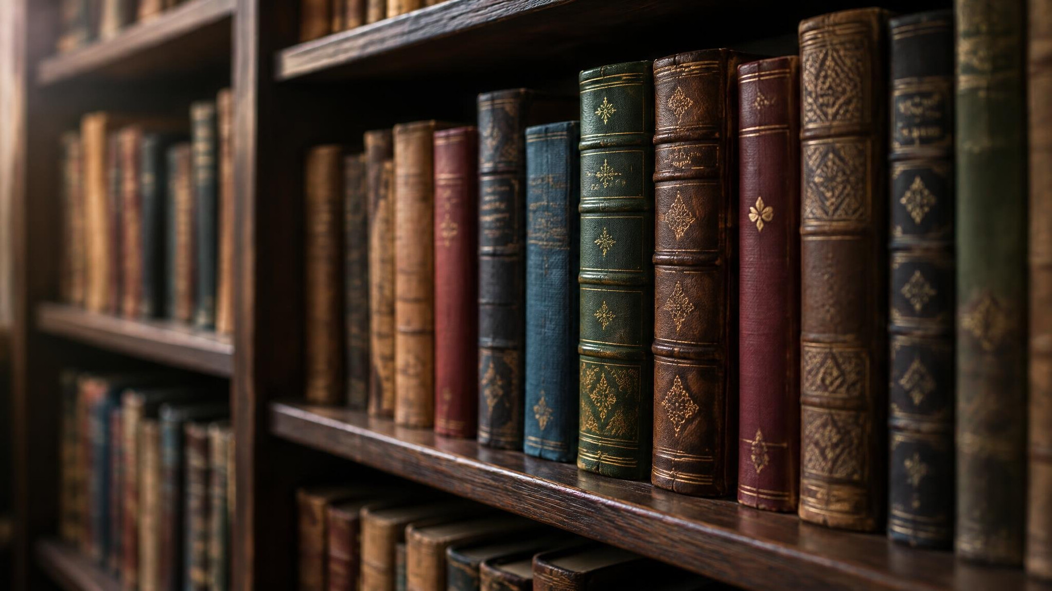 Rows of old books on library shelves in soft light