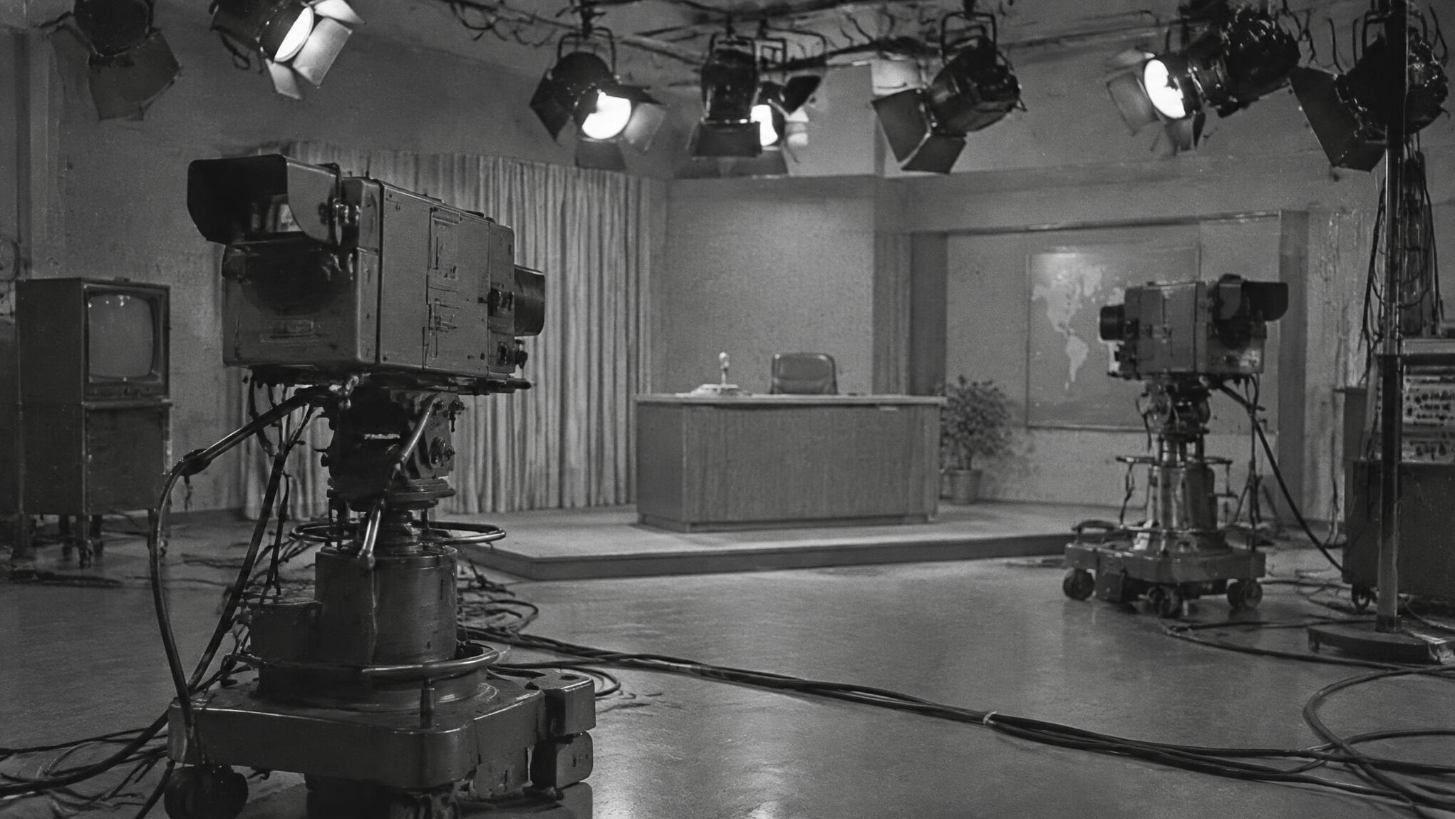 Black and white archival television studio with early camera equipment