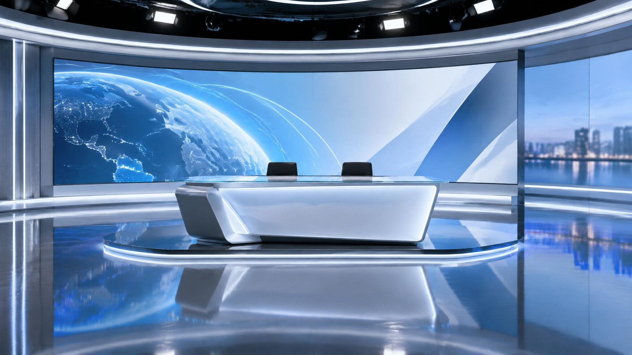 Sleek modern television studio with minimalist desk and screens
