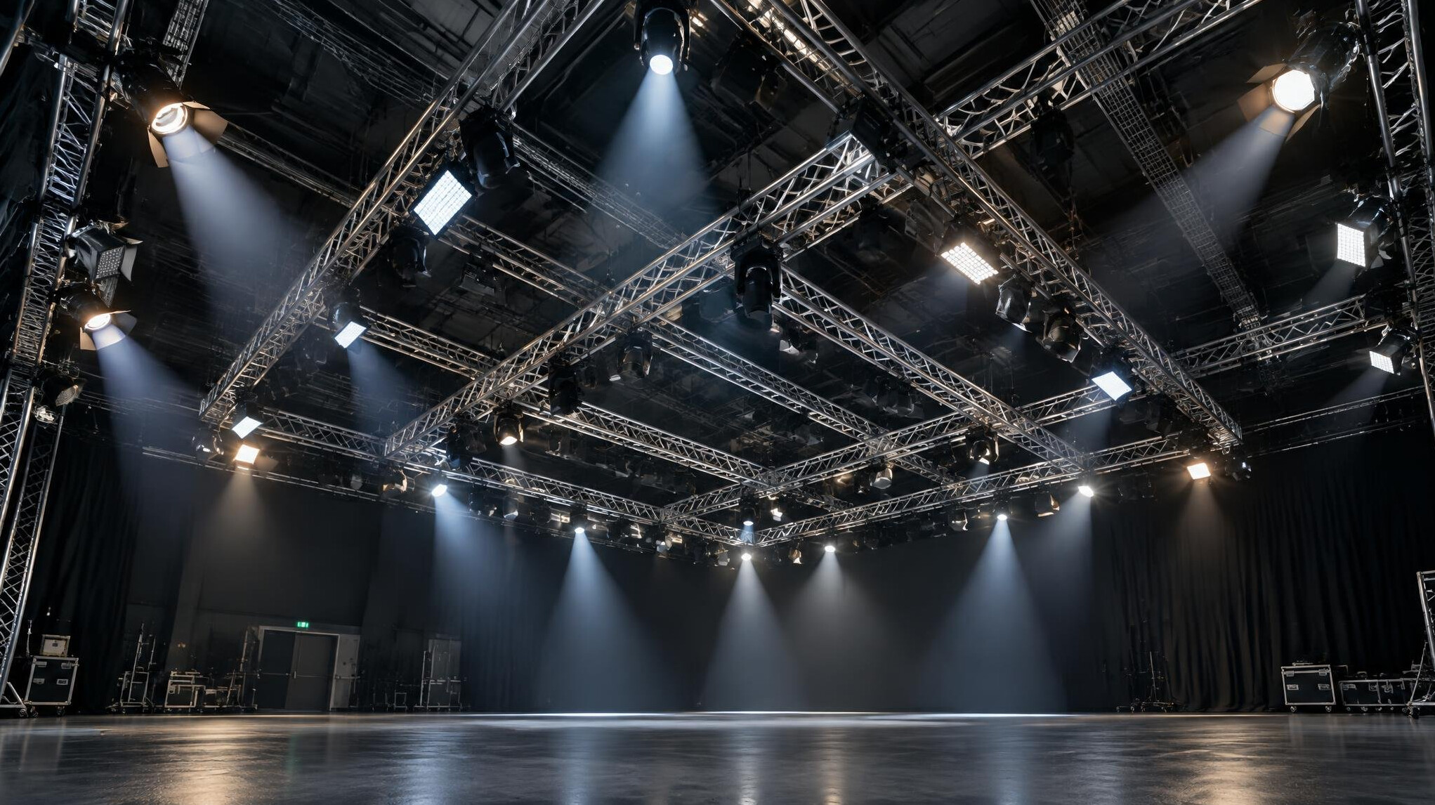 Overhead view of television studio lighting trusses and rigging