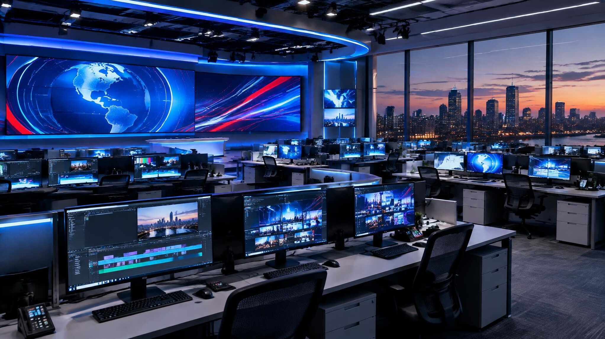 Modern digital newsroom with rows of editing workstations