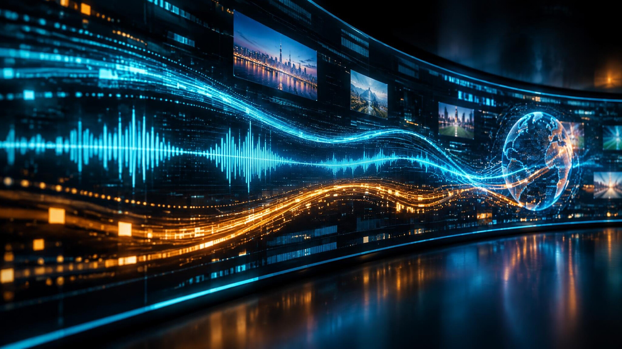 Abstract glowing data streams on a dark digital display