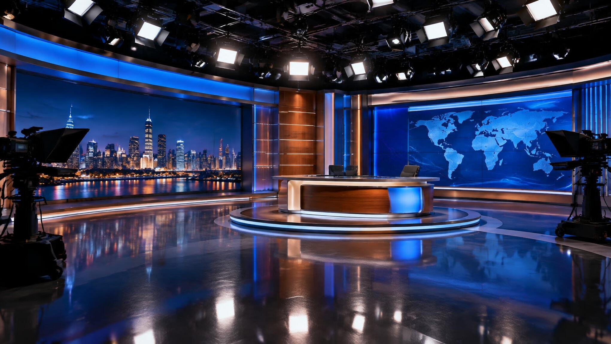 Empty television studio set with dramatic lighting rig