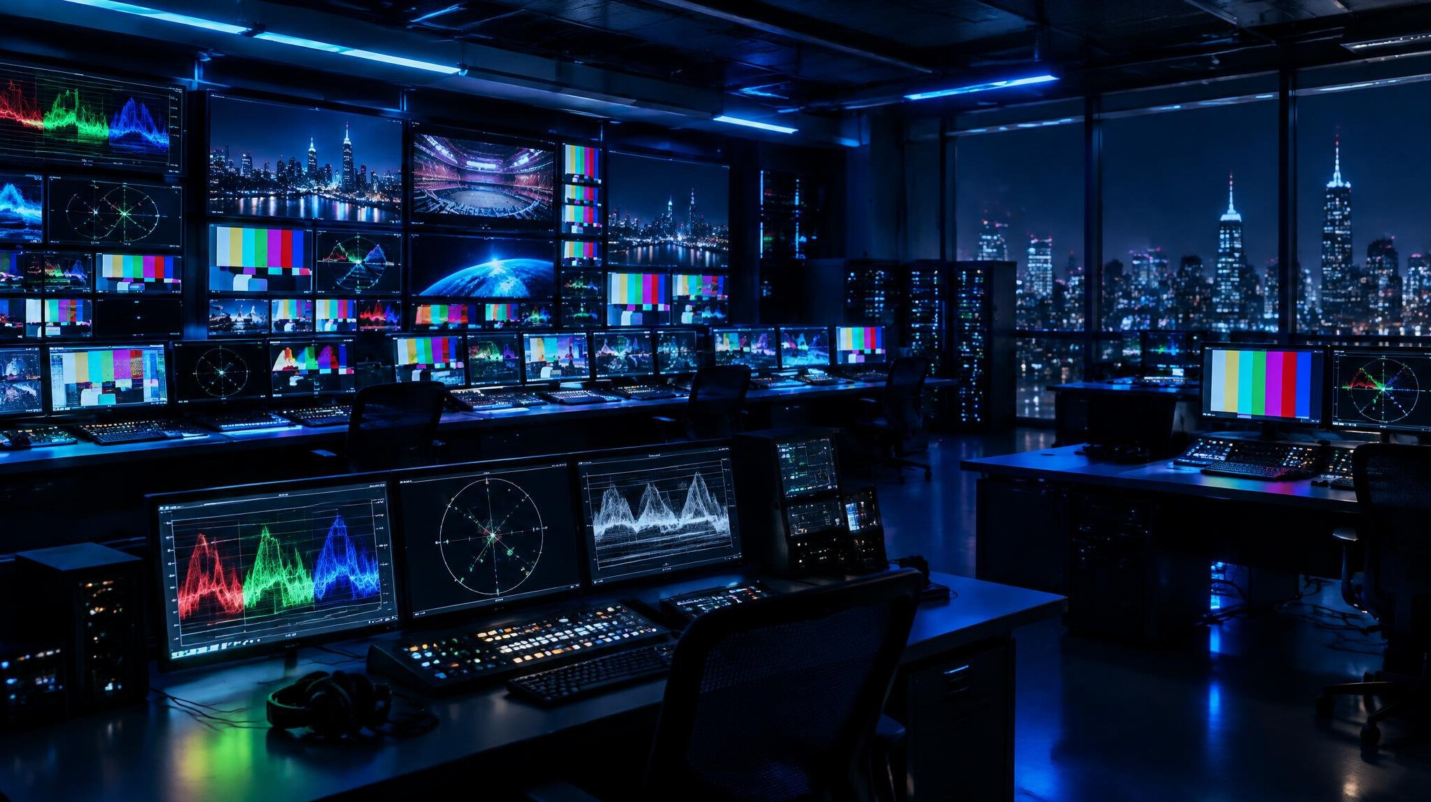 Television control room with glowing monitor wall