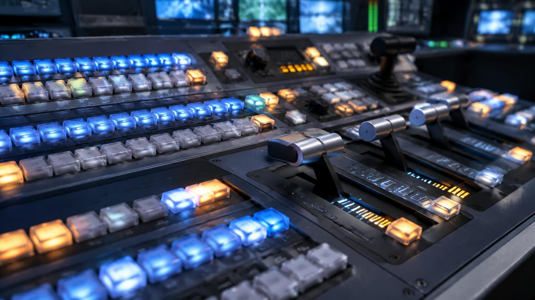 Broadcast mixing console with illuminated buttons and sliders